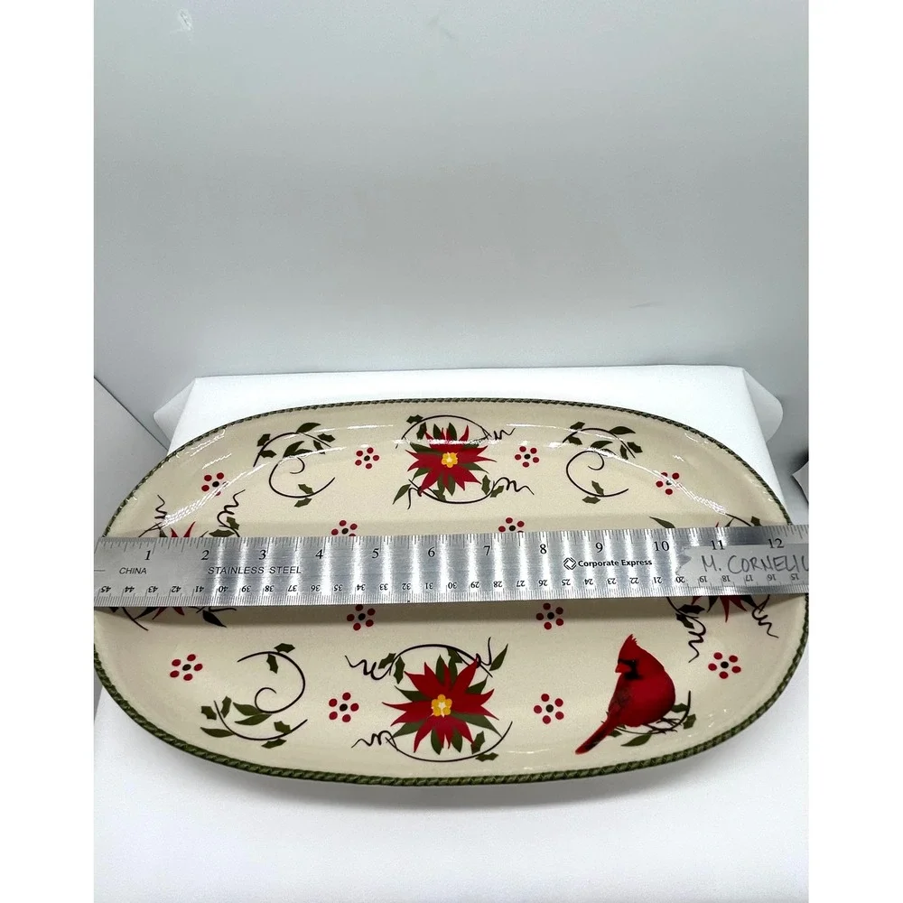Temp-tations by Tara Winter Whimsy Cardinal Poinsettia Oval Serving Platter 12in